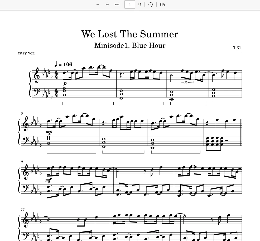 We Lost The Summer (遗失的季节/我们失去了夏天)俩个版本-TXT钢琴版钢琴谱钢琴曲五线谱-诺可网