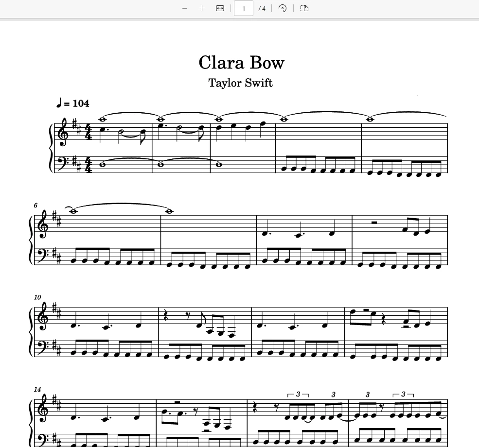 Clara Bow – Taylor Swift新歌钢琴版曲谱钢琴曲-诺可网