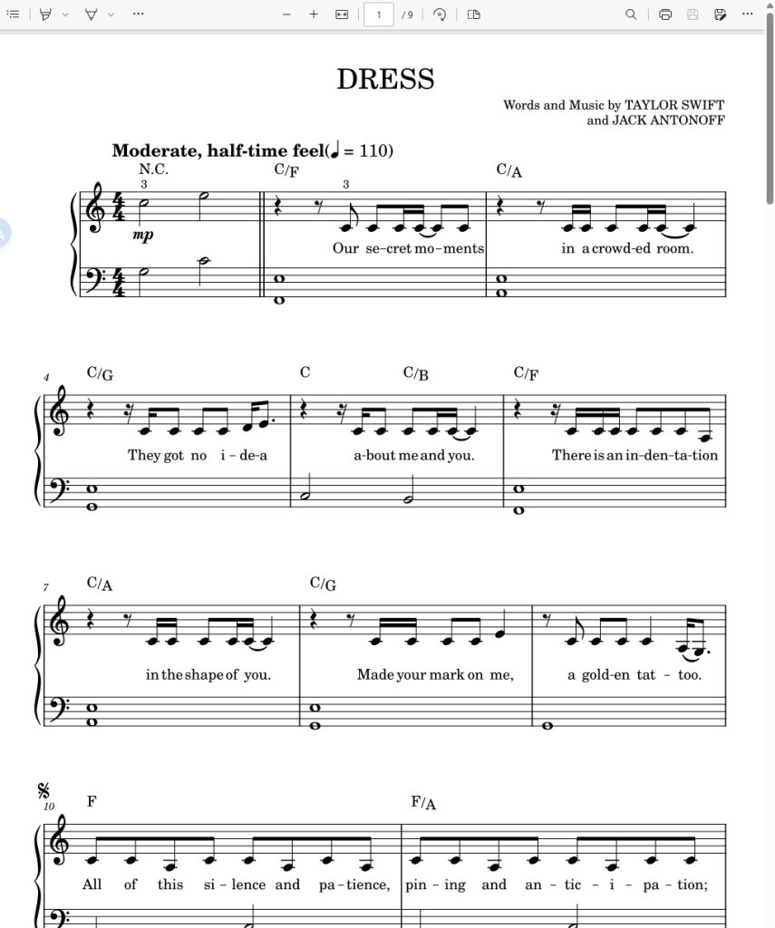 《dress》俩个版本taylor swift(Easy Piano+Piano Vocal Guitar)高质量钢琴谱钢琴版五线谱-诺可网