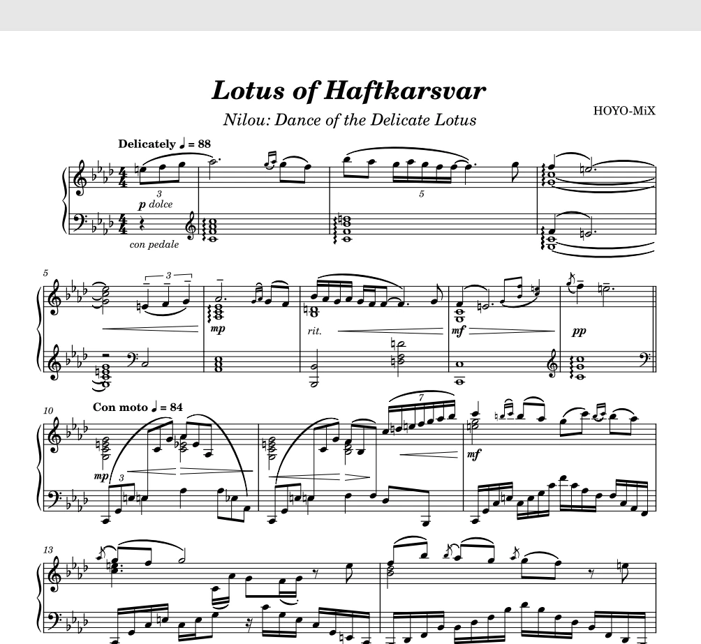 Lotus of Haftkarsvar七域的蕖华 | Genshin Impact原神钢琴版钢琴曲五线谱钢琴谱-诺可网