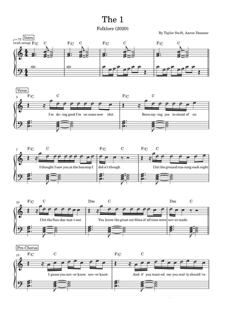 The 1-TaylorSwift-Easy Piano霉霉歌曲钢琴版钢琴谱五线谱the1简单版-诺可网