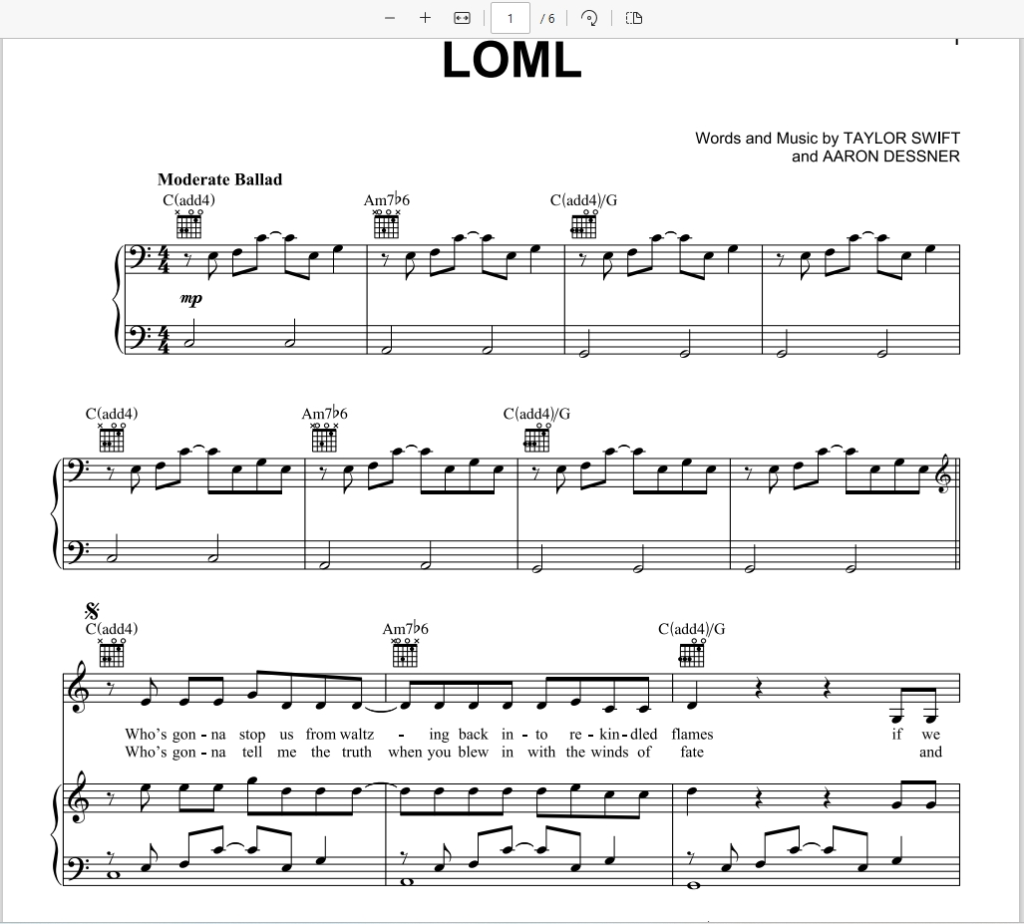 Loml官方发行原版-Taylor Swift-Piano-Vocal-Guitar霉霉歌曲钢琴版钢琴谱五线谱带吉他指法-诺可网