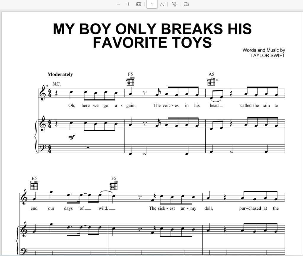 My Boy Only Breaks His Favorite Toys官方原版送简单版easy piano-Taylor Swift-Piano-Vocal-Guitar霉霉歌曲钢琴版钢琴谱五线谱-诺可网