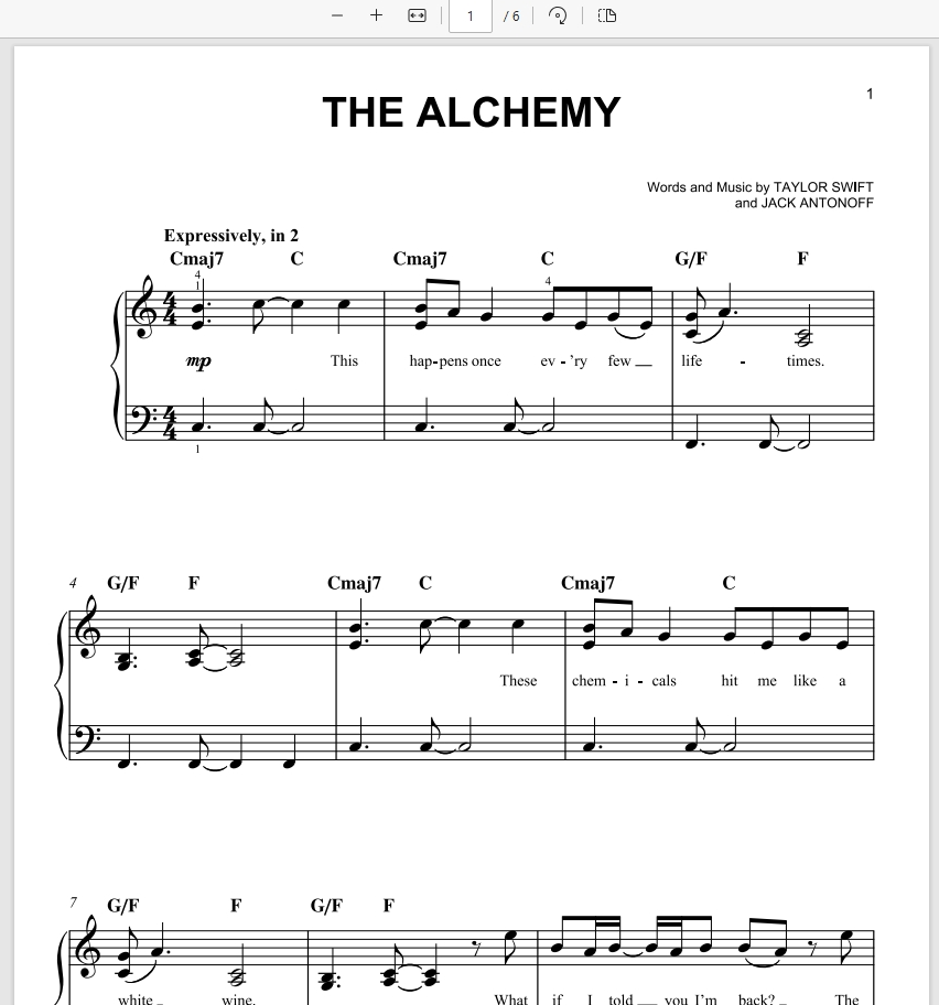 The Alchemy简单版-TaylorSwift-Easy Piano霉霉歌曲钢琴版钢琴谱五线谱the alchemy钢琴简单版-诺可网