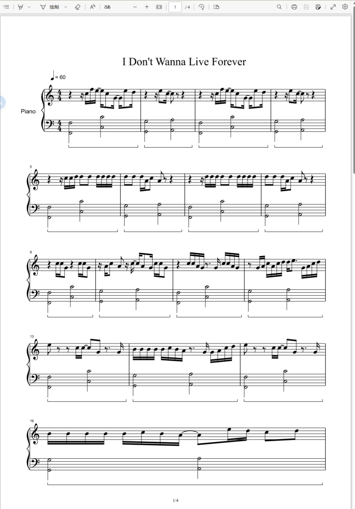 I Don’t Wanna Live Forever-Taylor Swift-Piano Solo霉霉歌曲钢琴版钢琴谱五线谱-诺可网