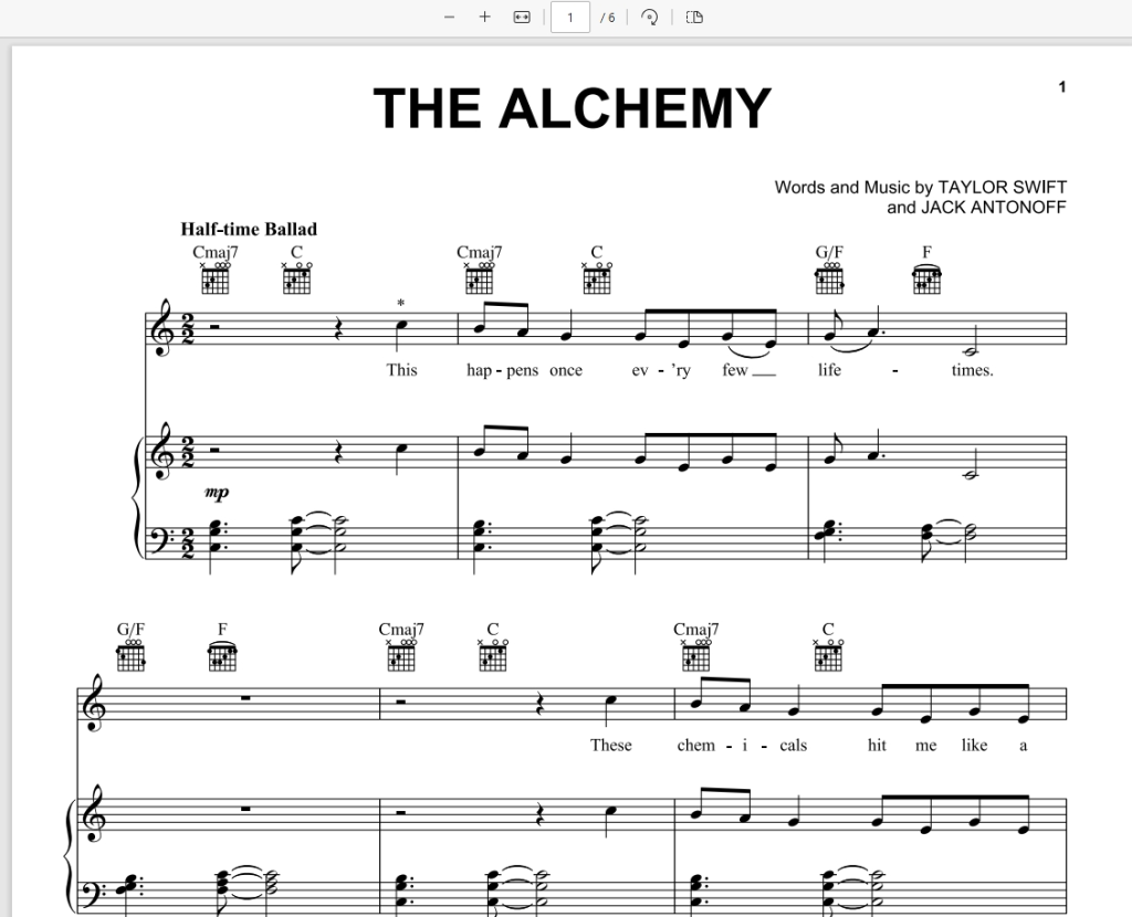 The Alchemy官方原版-Taylor Swift-Piano-Vocal-Guitar霉霉歌曲钢琴谱五线谱-诺可网