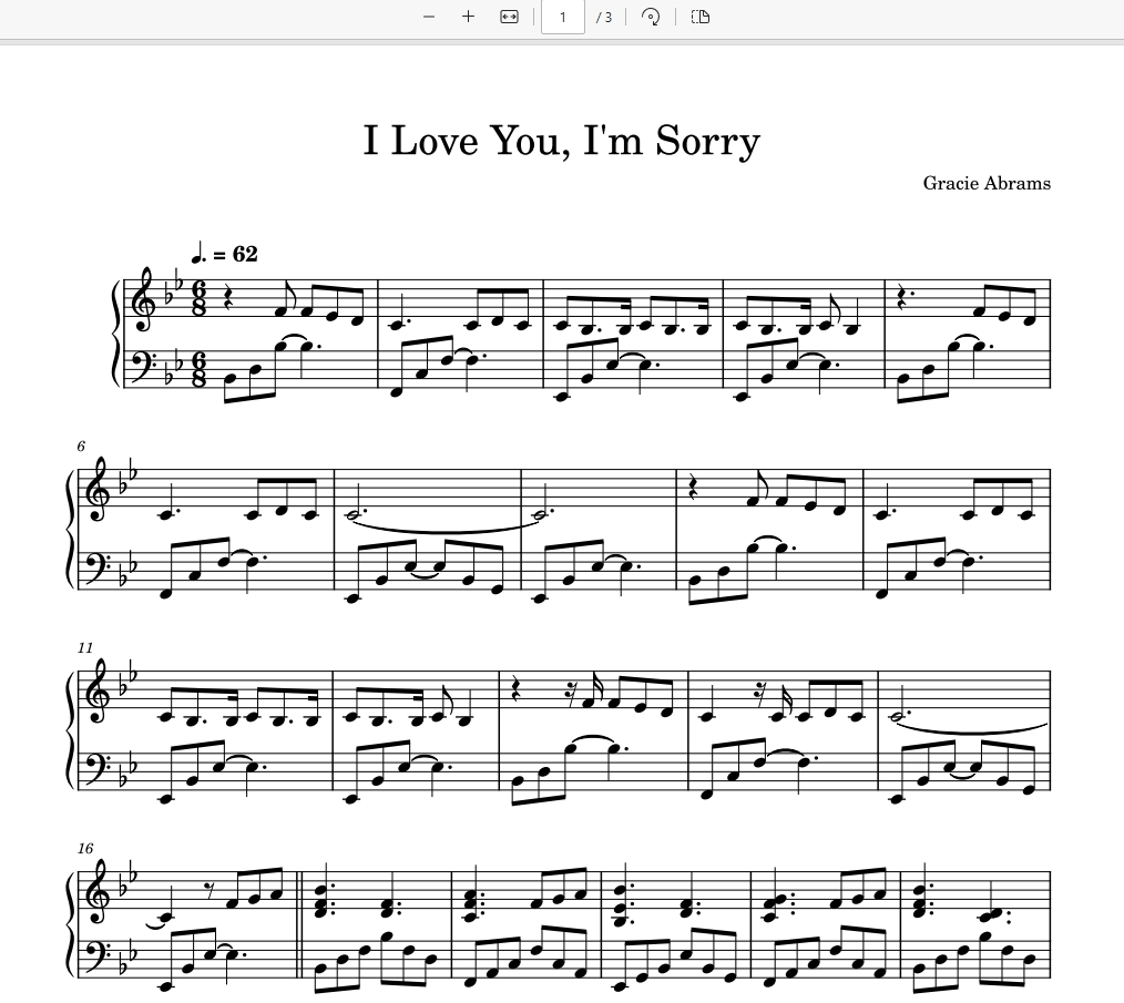 《I Love You, I’m Sorry 》我爱你，对不起– Gracie Abrams格蕾西·艾布拉姆斯-钢琴曲钢琴谱钢琴版五线谱-诺可网
