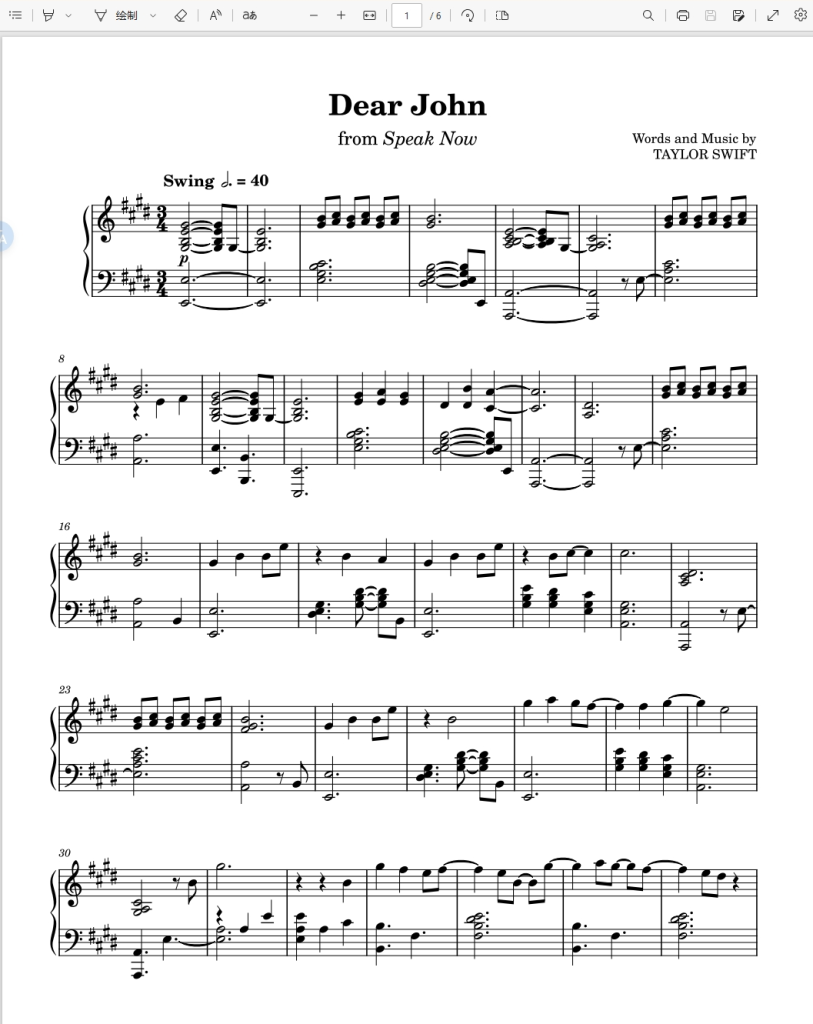 Dear John-Taylor Swift-Piano Solo霉霉歌曲钢琴版钢琴谱五线谱-诺可网