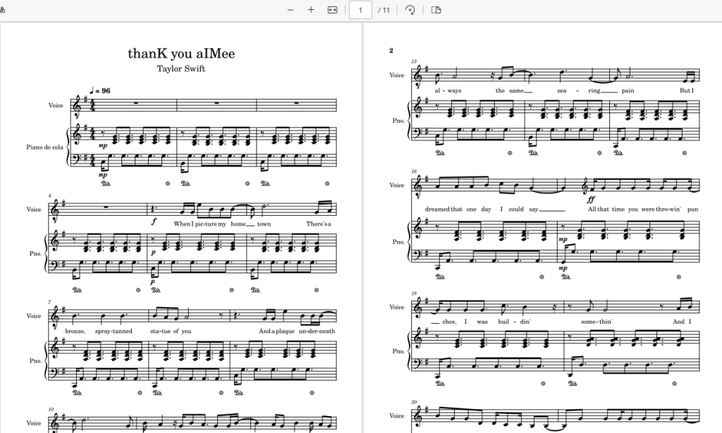 thanK you aIMee – Taylor Swift霉霉歌曲钢琴版钢琴谱五线谱弹唱谱-诺可网