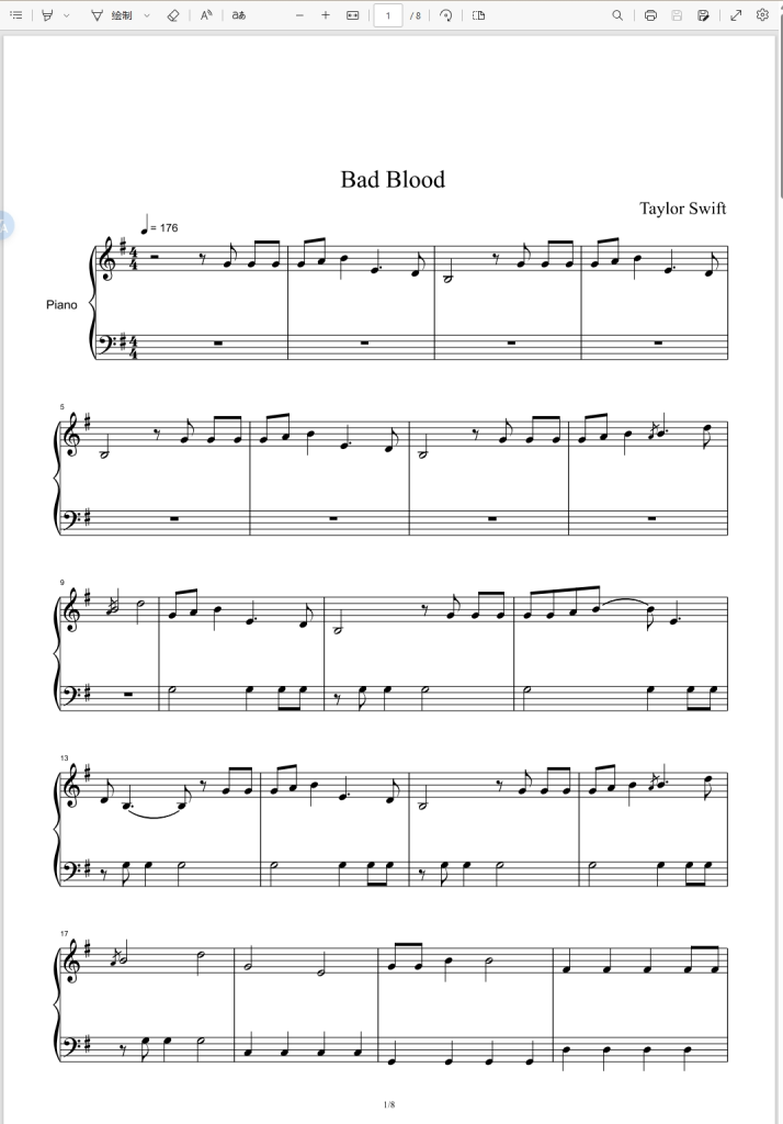 Bad Blood-Taylor Swift-Piano Solo霉霉歌曲钢琴谱钢琴版五线谱-诺可网