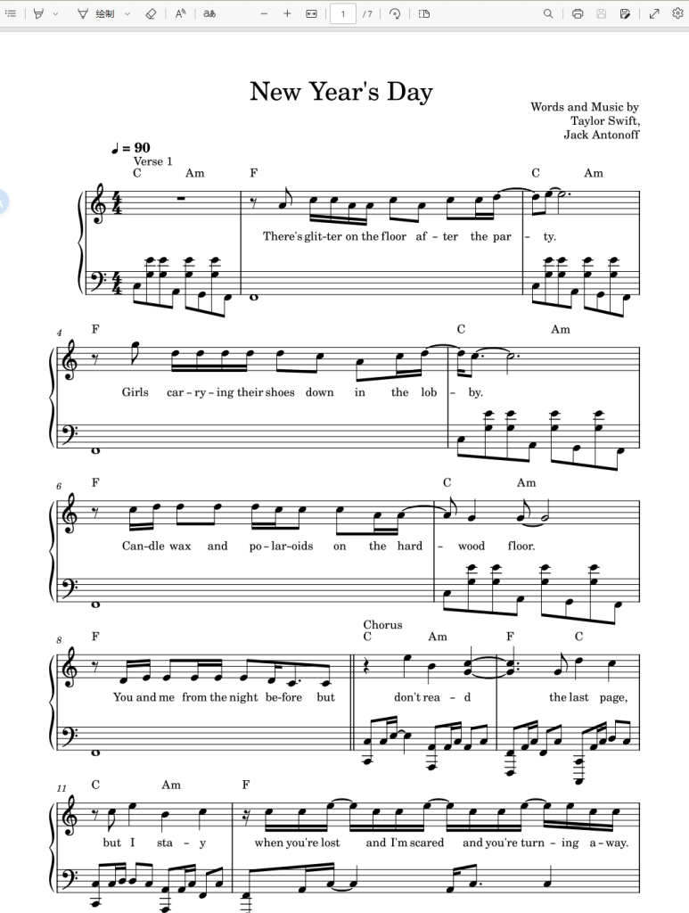 New Year’s Day-Taylor Swift-Piano Solo霉霉歌曲钢琴版钢琴谱五线谱-诺可网