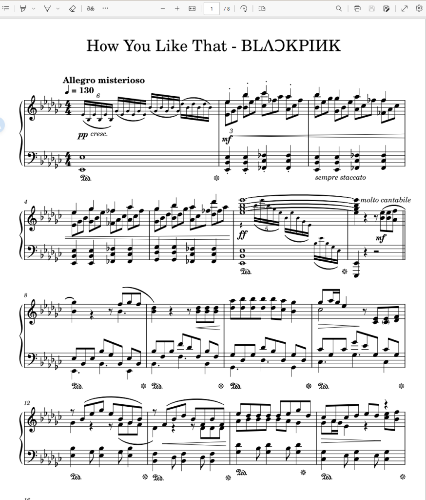 《How You Like That》 – BLACKPINK (高难度钢琴独奏版)钢琴版钢琴曲钢琴谱五线谱-诺可网