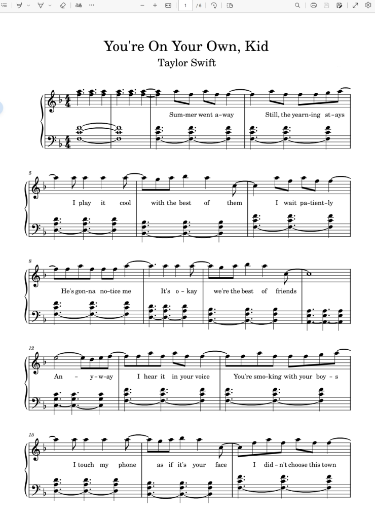 You’re On Your Own， Kid – Taylor Swift霉霉歌曲钢琴版钢琴谱钢琴曲五线谱-诺可网