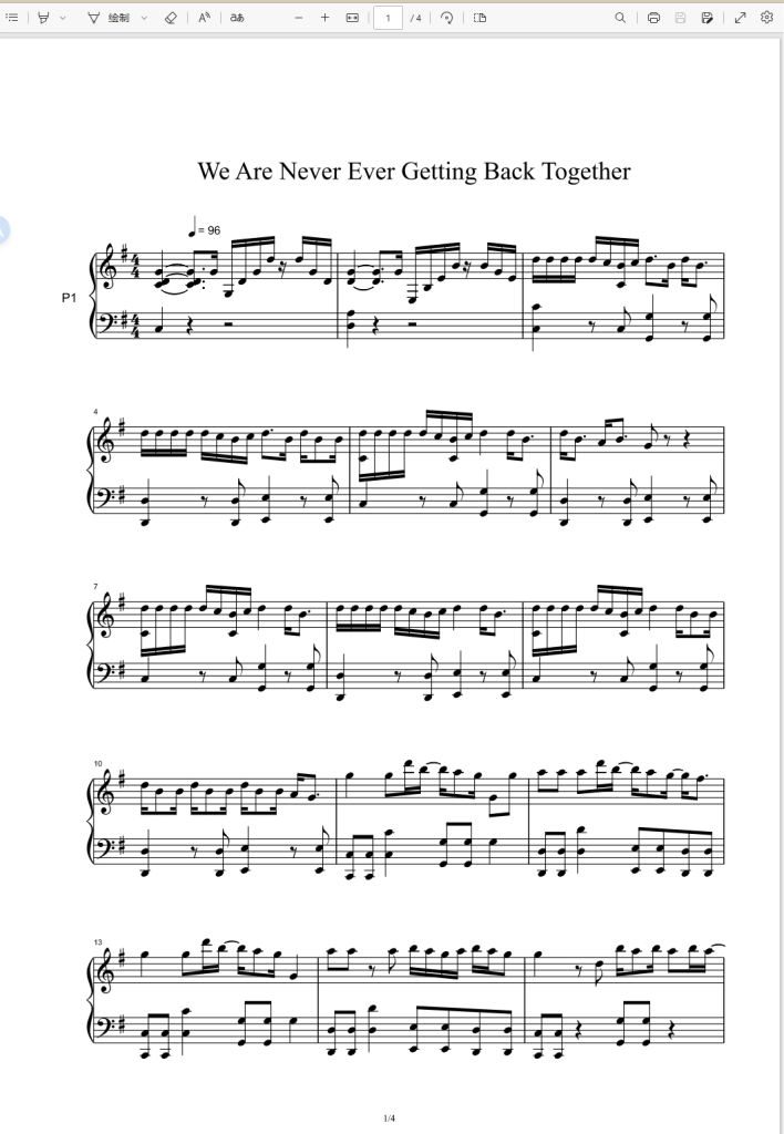 We Are Never Ever Getting Back Together-Taylor Swift-Piano Solo钢琴谱五线谱霉霉歌曲钢琴版-诺可网