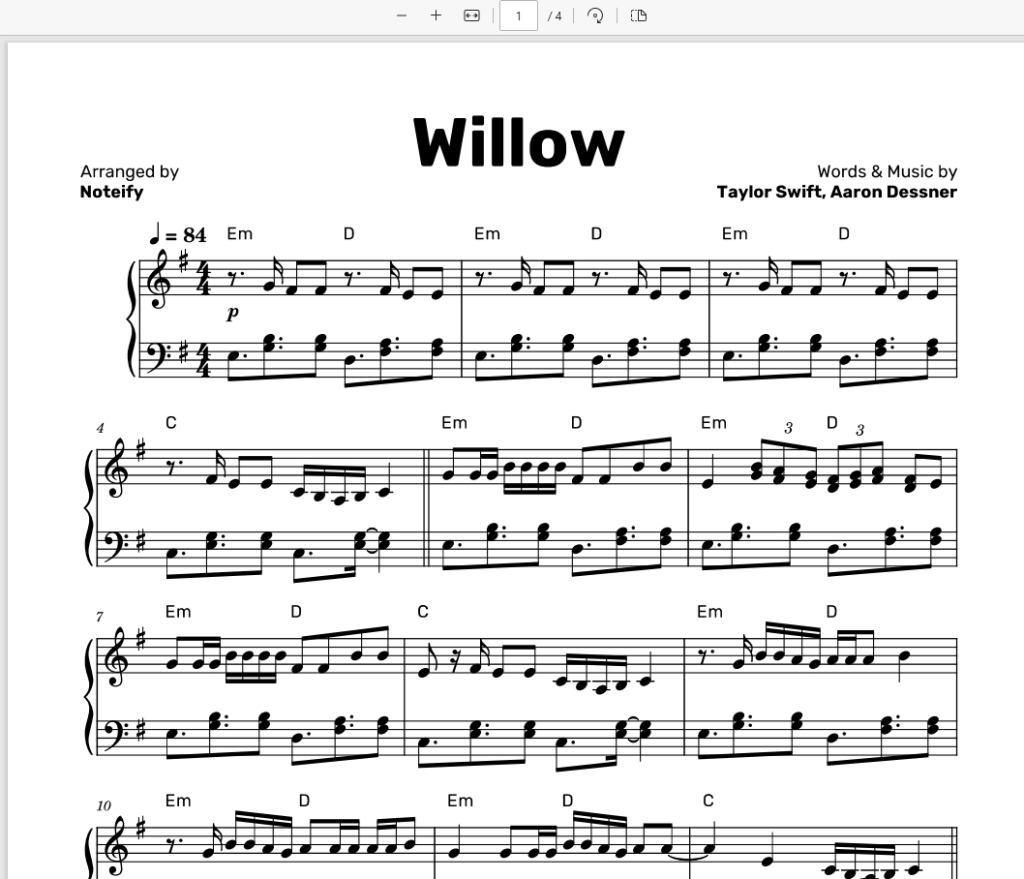 Willow-Taylor Swift-Piano Solo钢琴谱五线谱霉霉歌曲钢琴版-诺可网