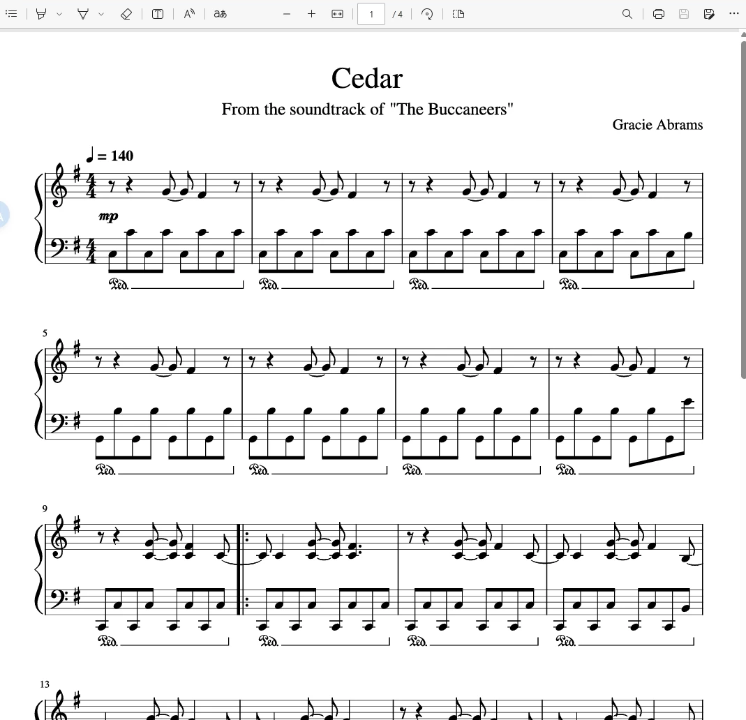 Cedar（我忘了你不再屬於我）–Gracie Abrams钢琴版钢琴曲钢琴谱五线谱-诺可网