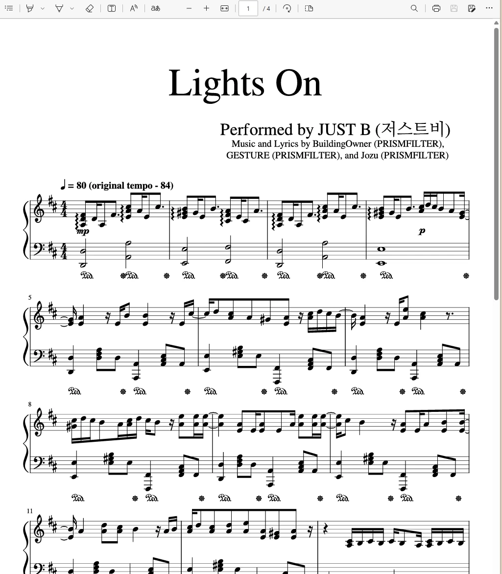 Lights On-JUST B (저스트비) 钢琴谱钢琴版钢琴曲五线谱-诺可网