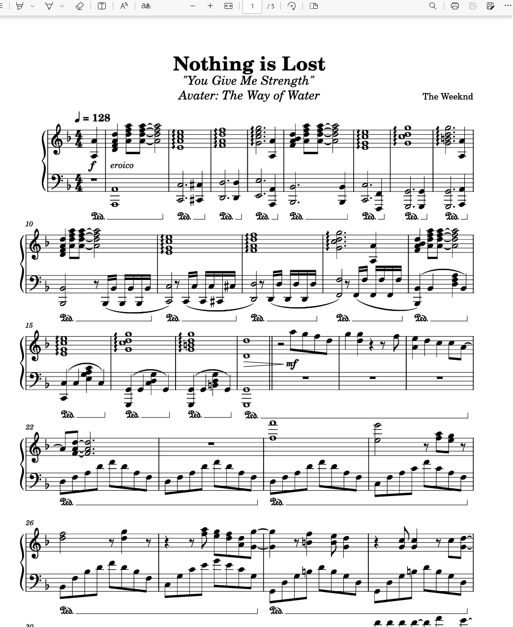阿凡达：水之道Nothing is lost – The Weeknd钢琴谱钢琴版钢琴曲五线谱-诺可网