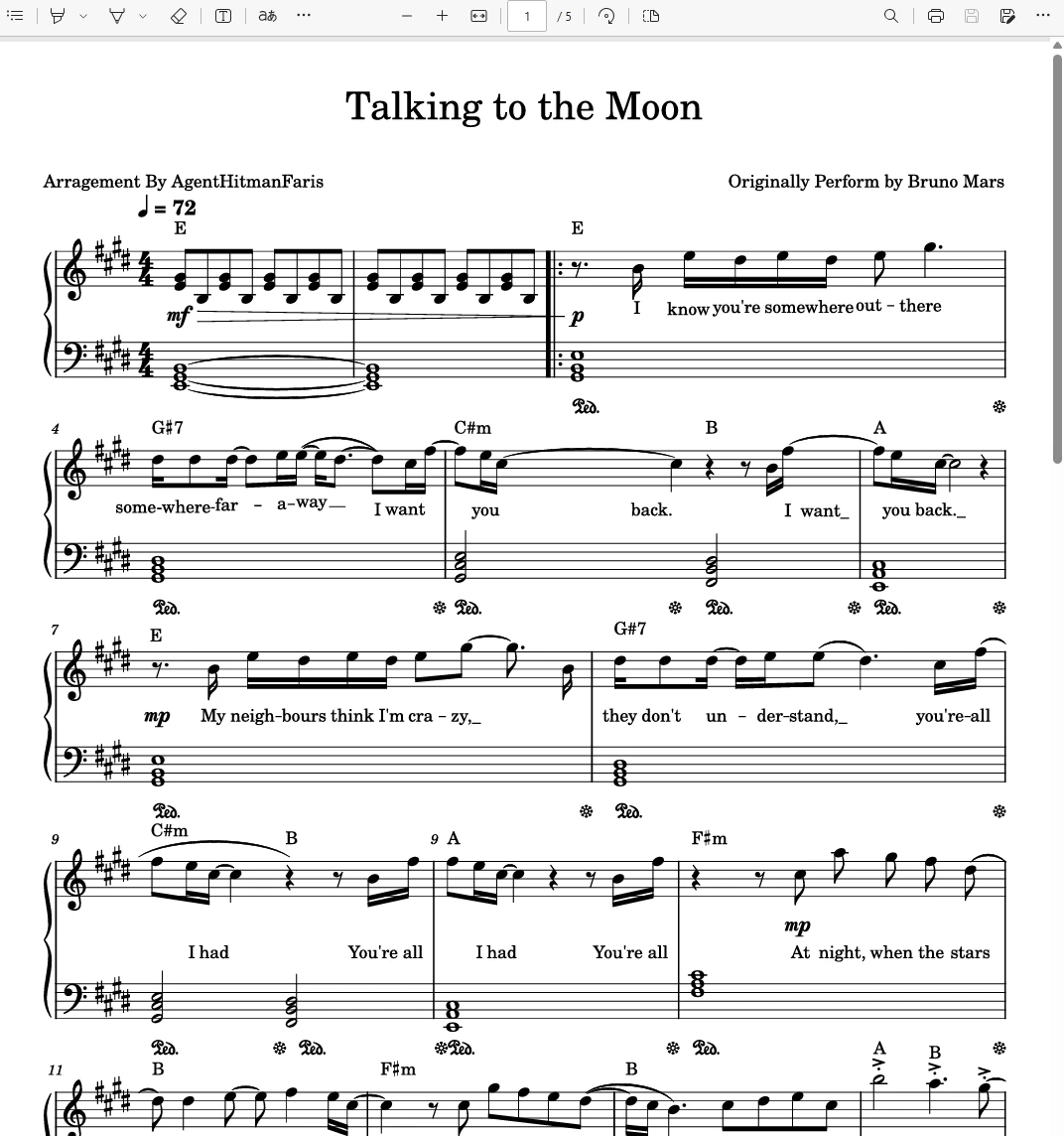 Talking to the moon对月倾述– Bruno Mars火星哥歌曲钢琴版钢琴曲钢琴谱五线谱-诺可网