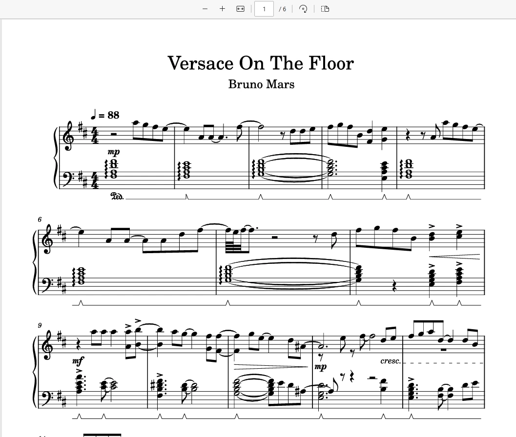 Versace on the floor – Bruno Mars火星哥经典歌曲钢琴版钢琴曲五线谱钢琴谱-诺可网