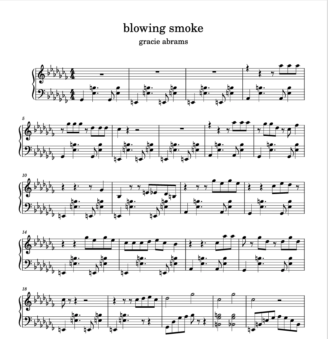 Blowing Smoke-Gracie Abrams钢琴版钢琴曲钢琴谱五线谱-诺可网