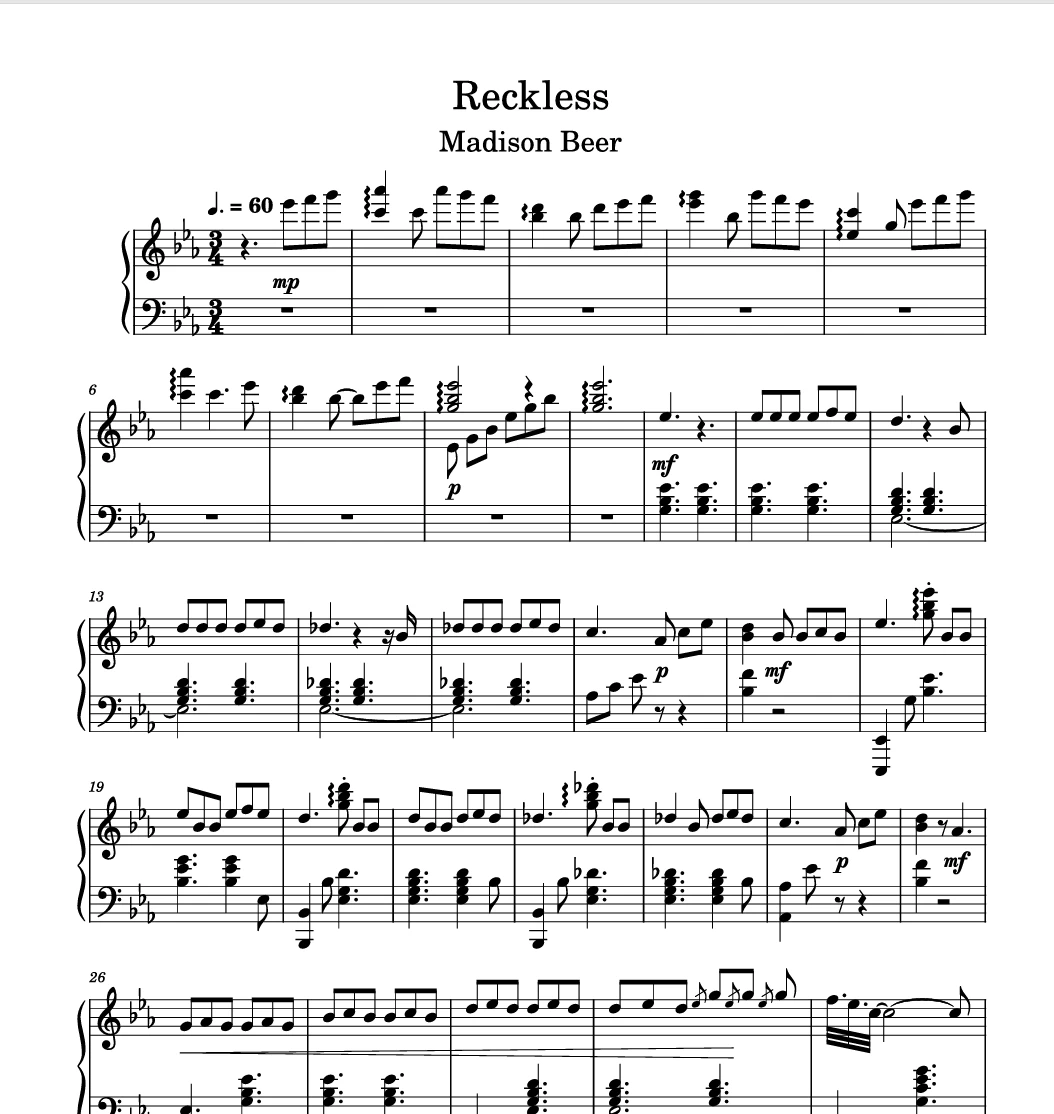Reckless – Madison Beer钢琴版钢琴曲钢琴谱五线谱-诺可网
