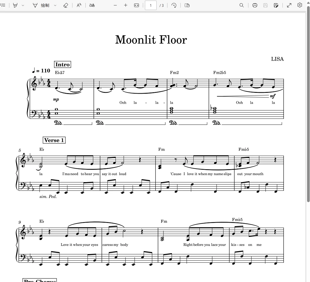 Moonlit Floor钢琴版-LISA新歌钢琴曲钢琴谱五线谱-经典《Kiss Me》旋律-诺可网