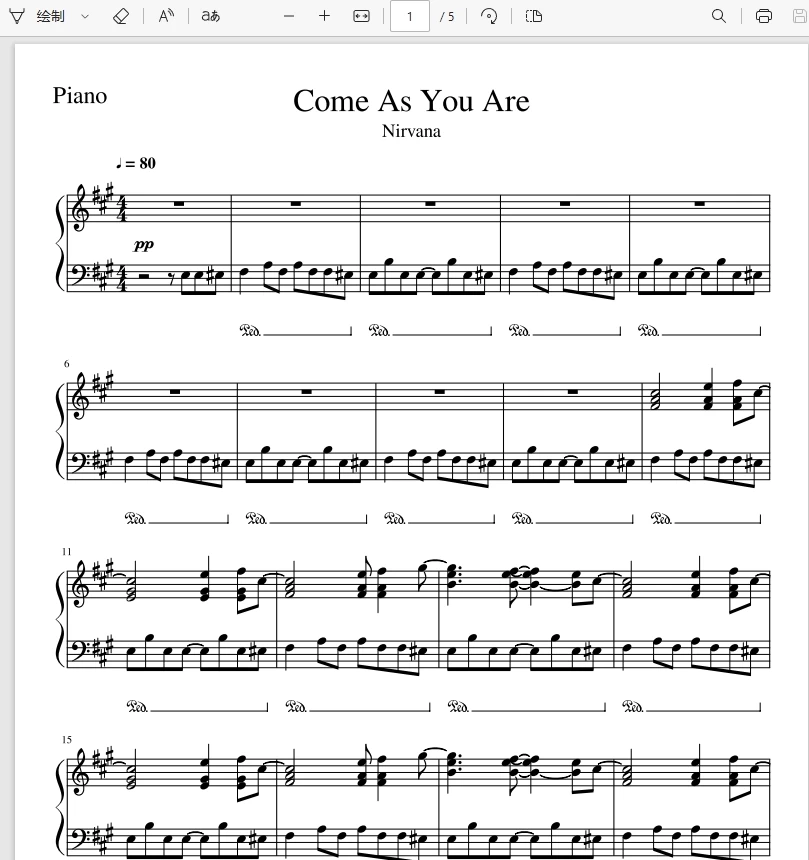 Come As You Are-Nirvana钢琴版钢琴曲钢琴谱五线谱-诺可网