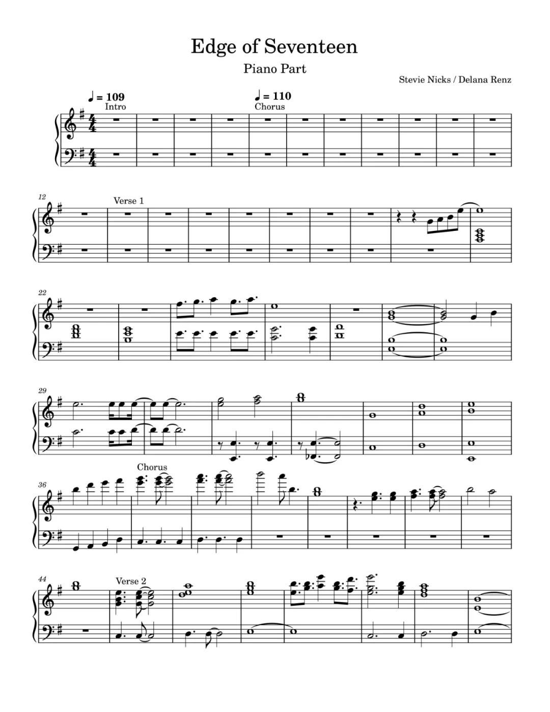 Edge of seventeen–Stevie Nicks钢琴谱五线谱G major, E minor PDF5-诺可网